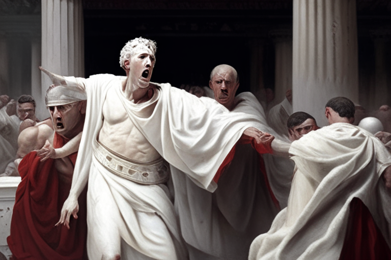 Julis caesar assaulted and killed by senators in white toga in ancient roman senate

