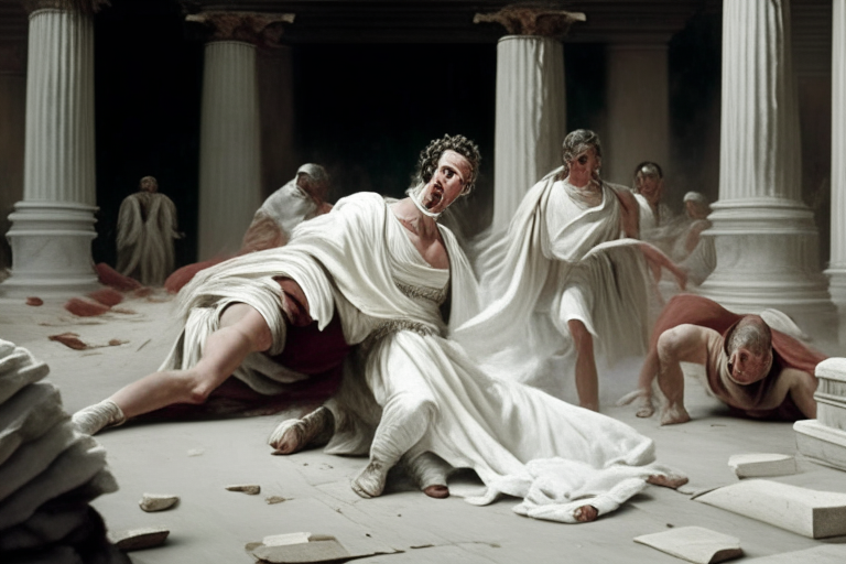 Julis Caesar on the ground assaulted and killed by senators in white toga in ancient roman senate, hi definition


