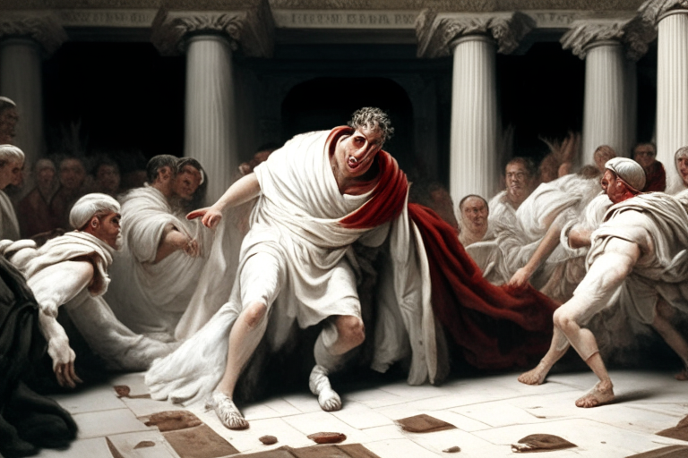 Caesar on the ground assaulted by senators in white toga in the ancient senato of Rome
