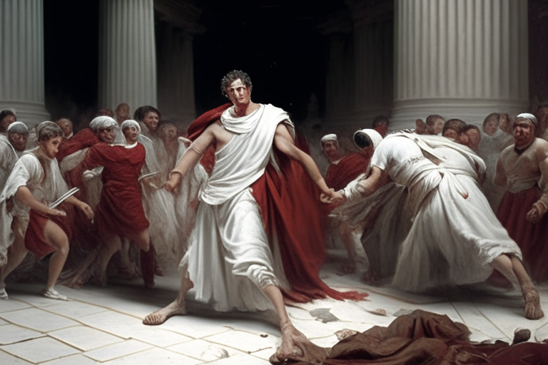 Julius Caesar on the ground assaulted by standing senators with knives in white toga in the ancient senate of Rome
