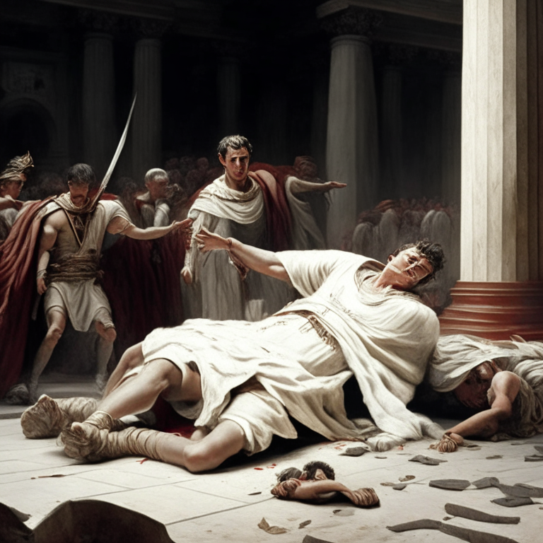 Julius Caesar lies on the ground surrounded y senator with knive in a white toga in senato of Rome
