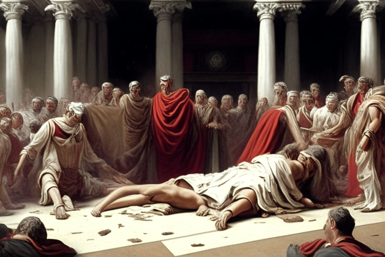 Julis Caesar dead over the ground surrounded by senators in withe toga , in roman senate
