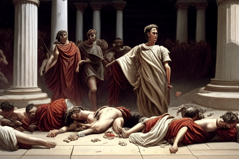 Julis Caesar dead over the ground surrounded by senators in withe toga , in roman senate
