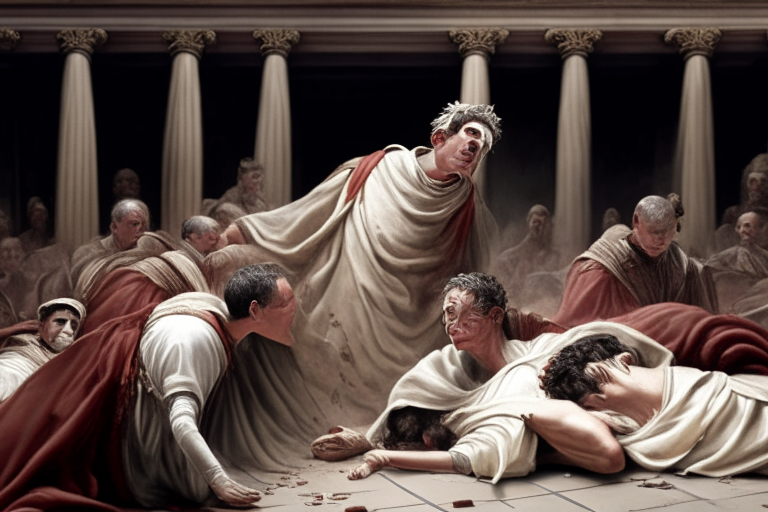 Julis Caesar dead over the ground surrounded by senators in withe toga , in roman senate, hi definition, realistic faces

