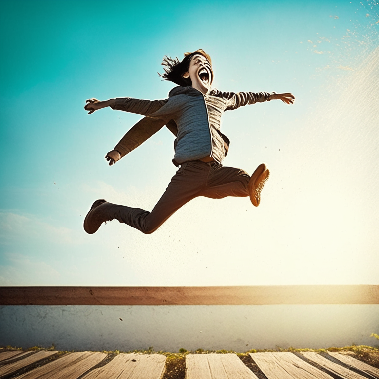person jumping with happiness