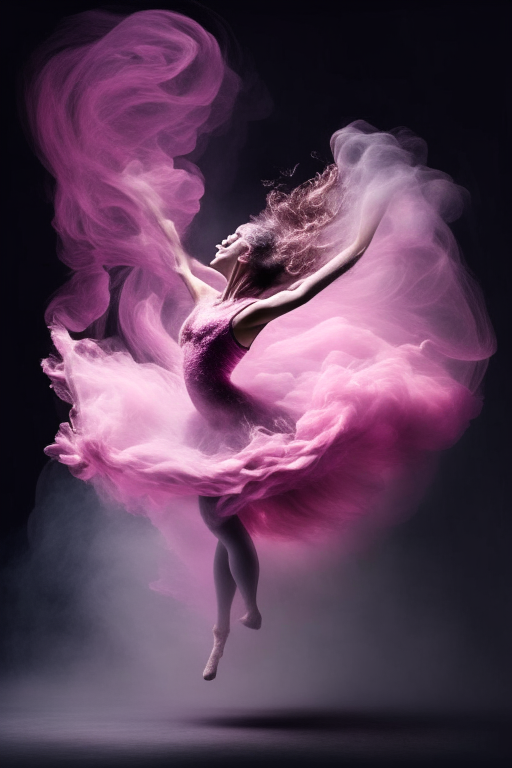 a dancing ballerina whirling in pink smoke