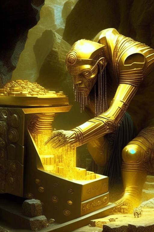 Anunnaki with a futuristic machine is extracting gold from a rock