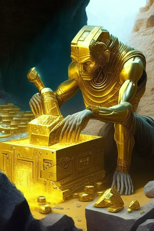 Anunnaki with a futuristic machine is extracting gold ores from a rock