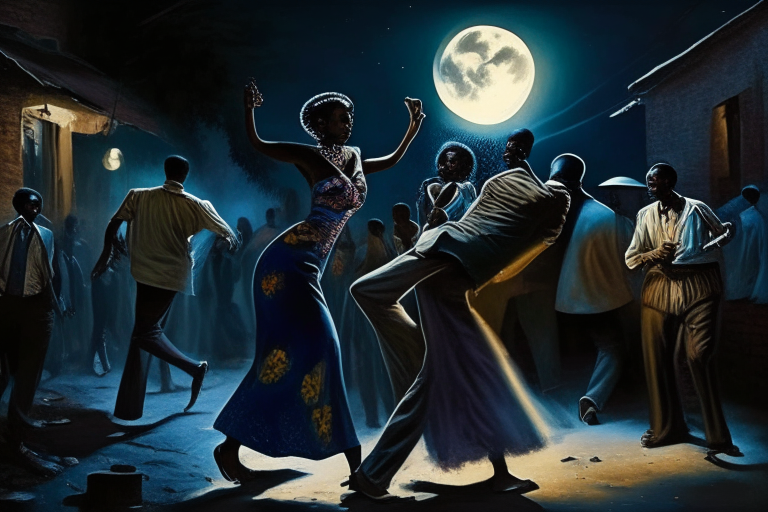 Black Americans from the 60’s dancing in the ghetto under the bright moonlight 