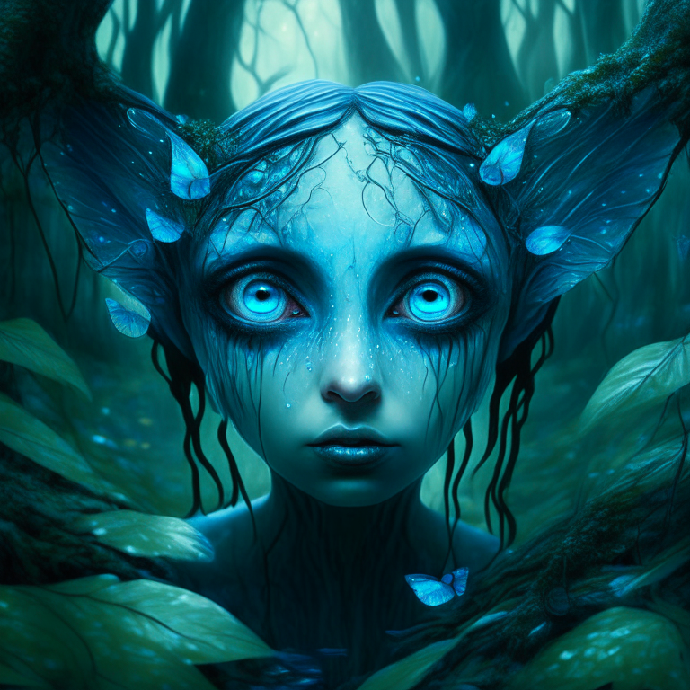 Blue, transparent forest nymph with enormous eyes 
