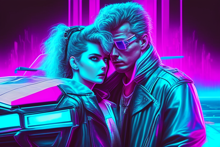 create a realistic image of an 80s cyberpunk couple in front of a DeLorean. image colors should be neon blue and pink