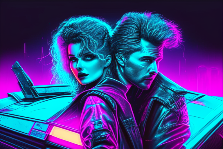 create a realistic image of an 80s cyberpunk couple in front of a DeLorean. image colors should be neon blue and pink