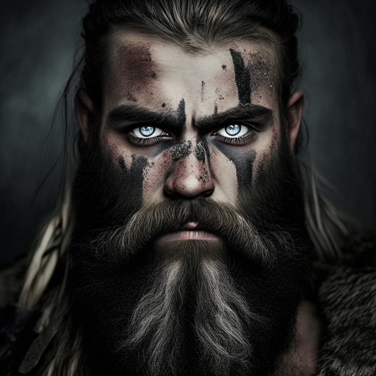 guy with a black beard one white eye one black eye dressed like A VIKING FACING THE CAMERA