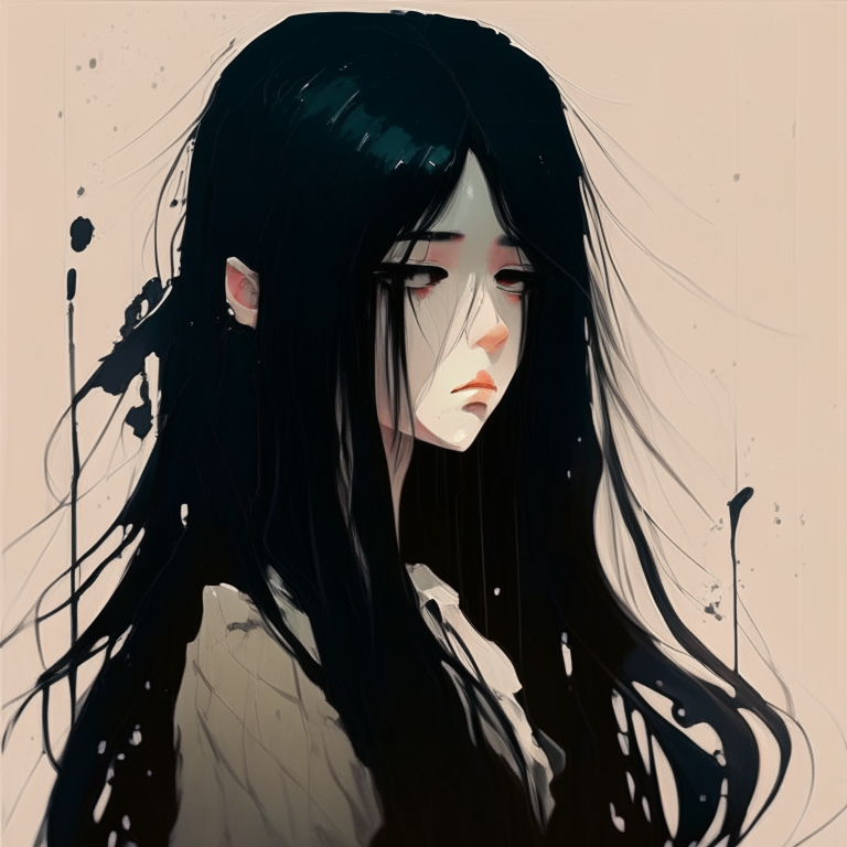 Paint pretty sad woman anime, long black hair 