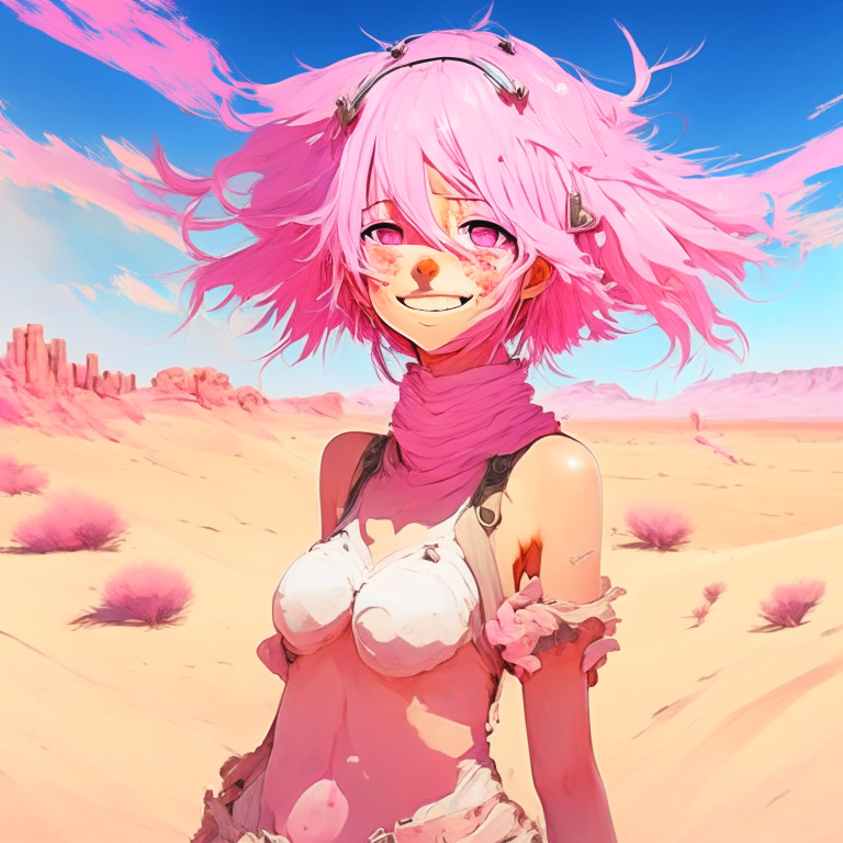 Paint pretty happy  anime girl with pink colour, in the desert 