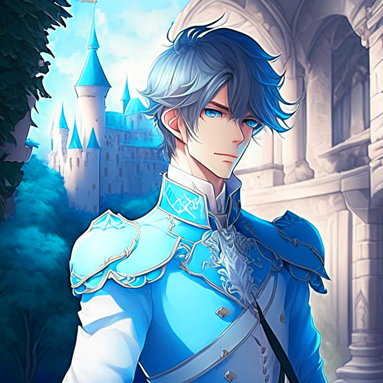 Design me handsome anime prince in the castle 🏰, with light blue colour 