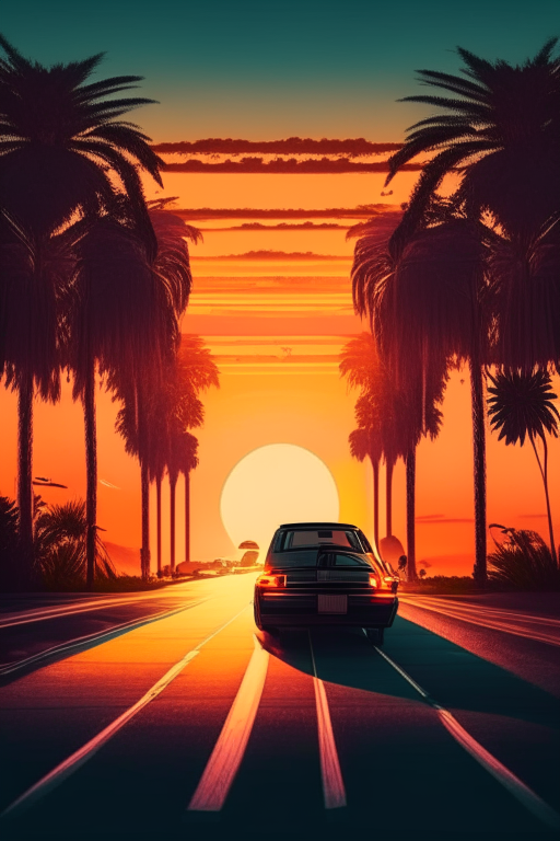 Car driving a pathway with palm trees on the sides and sun setting 