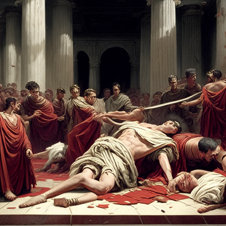 julius caesar murdered in roma senate. caesar lies on the ground, men in a toga around him, some men hold knives