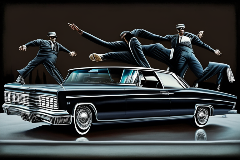 cadillac deville 1965 bouncing with black homeboys and homegirls standing on both sides