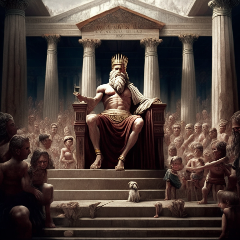 Zeus on a wooden throne at the Capitol of Rome surrounded by childern in tunic
