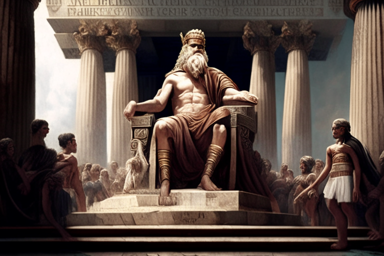 Zeus on a wooden throne at the Capitol of Rome surrounded by childern in tunic
