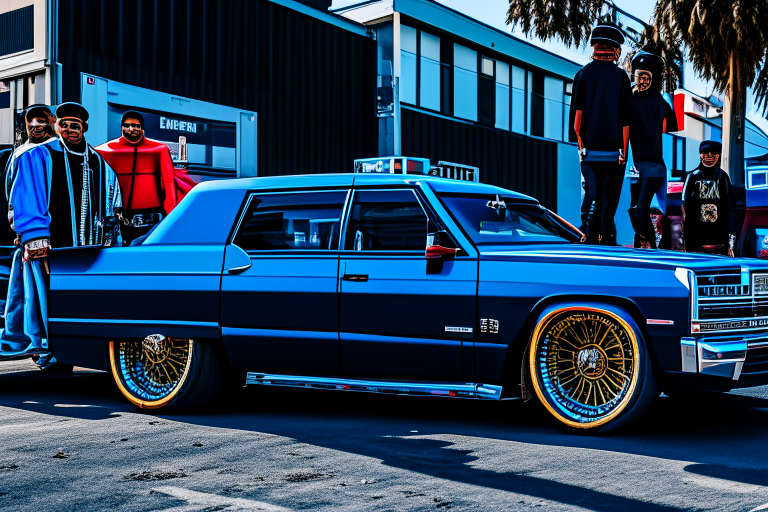 Create graffiti of black west coast rappers standing beside a bouncing Cadillac in  the hood