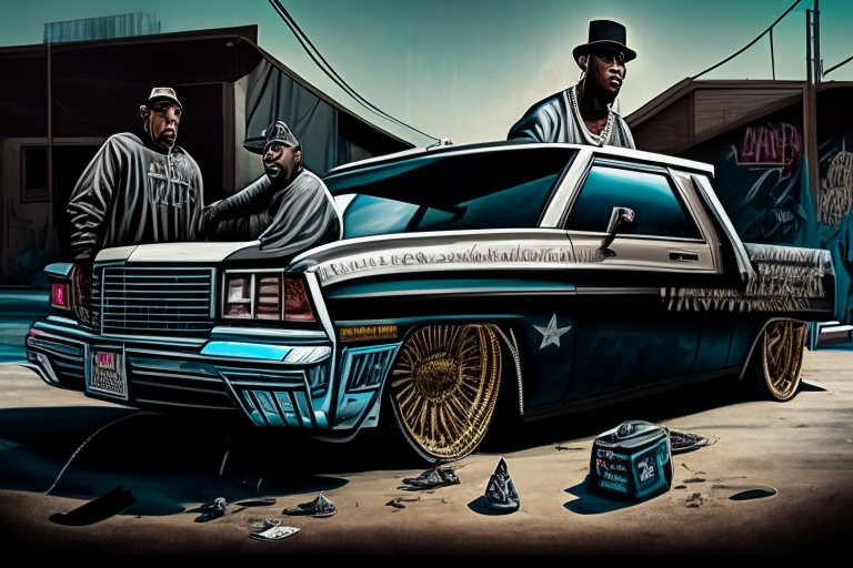 Create graffiti of black west coast rappers standing beside a bouncing Cadillac in  the hood