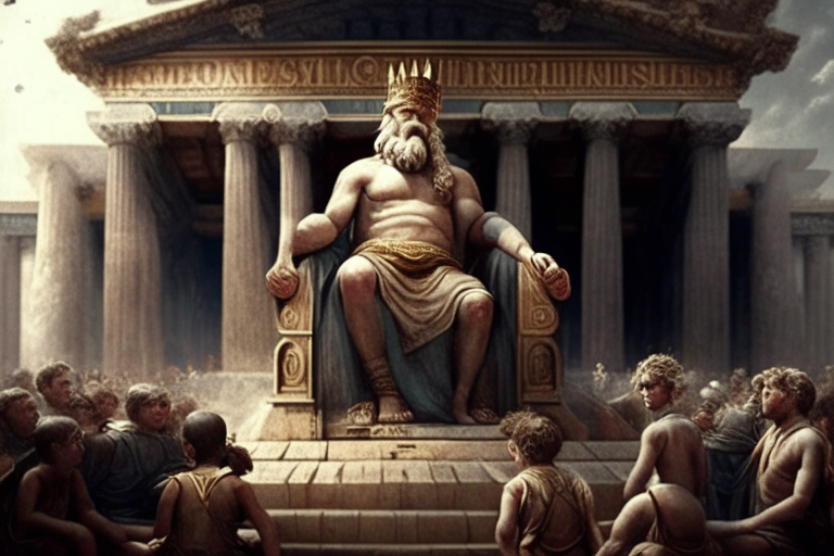 Zeus on a wooden throne at the Capitol of Rome surrounded by childern playing in tunic
