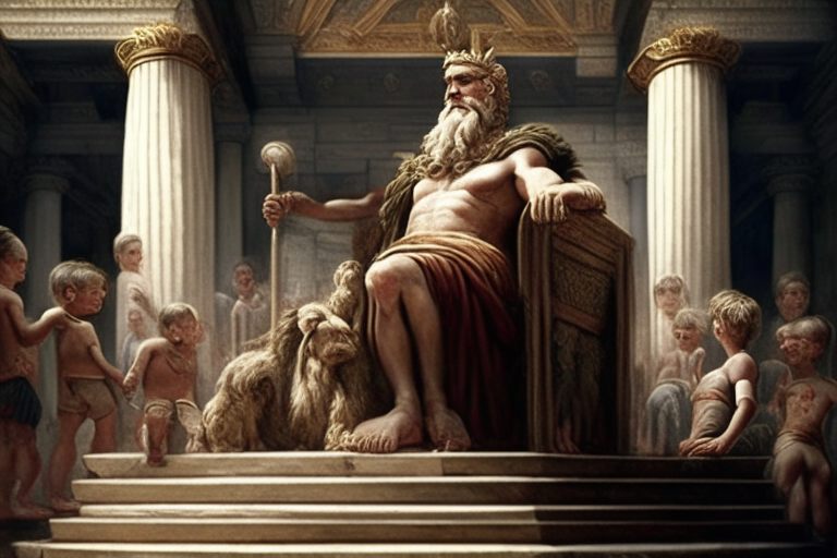 Zeus on a wooden throne at the Capitol of Rome surrounded by childern playing in tunic, realistic, very detailed
