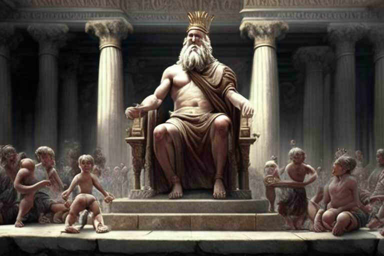 Zeus on a wooden throne at the Capitol of Rome surrounded by childern playing in tunic, realistic, very detailed
