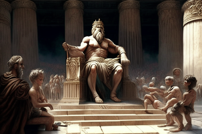 Zeus on a wooden throne at the Capitol of Rome surrounded by childern playing in tunic, realistic, highy detailed
