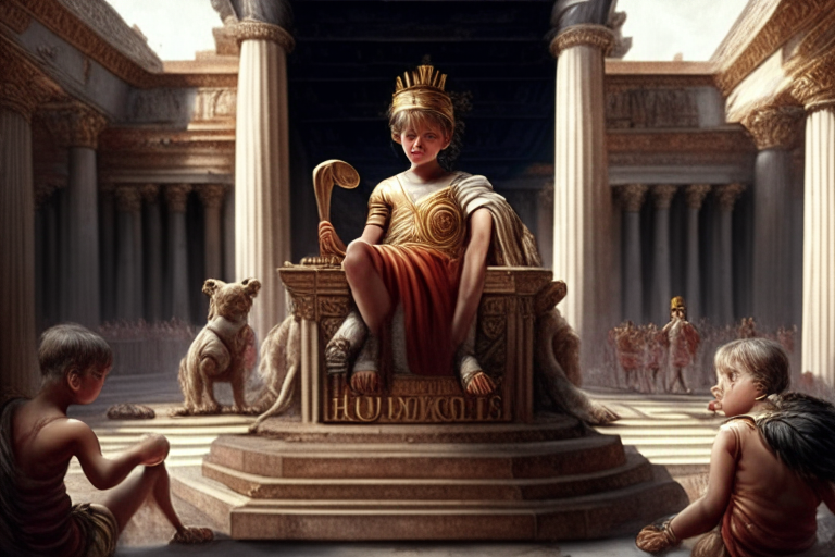 jupiter on a wooden throne at the Capitol of Rome surrounded by childern playing in tunic, realistic, highy detailed
