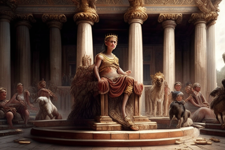 Jupiter on a wooden throne at the Capitol of Rome surrounded by childern playing in tunic, realistic, highy detailed, no crown
