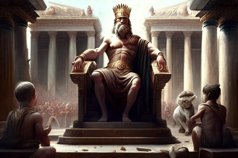 Zeus on a wooden throne at the Capitol of Rome surrounded by childern playing in tunic, realistic, highy detailed, no crown
