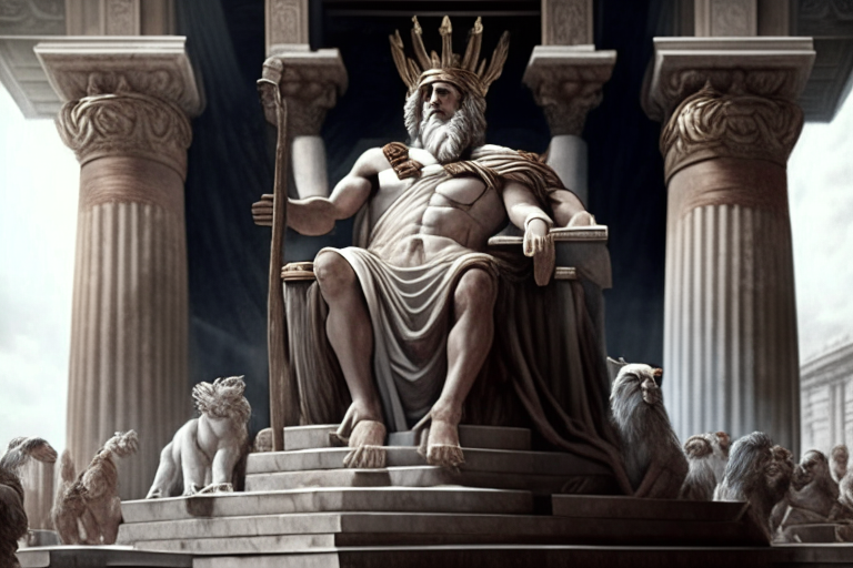 Zeus as a statue on a wooden throne at the Capitol of Rome surrounded by childern playing in tunic, realistic, highy detailed, 
