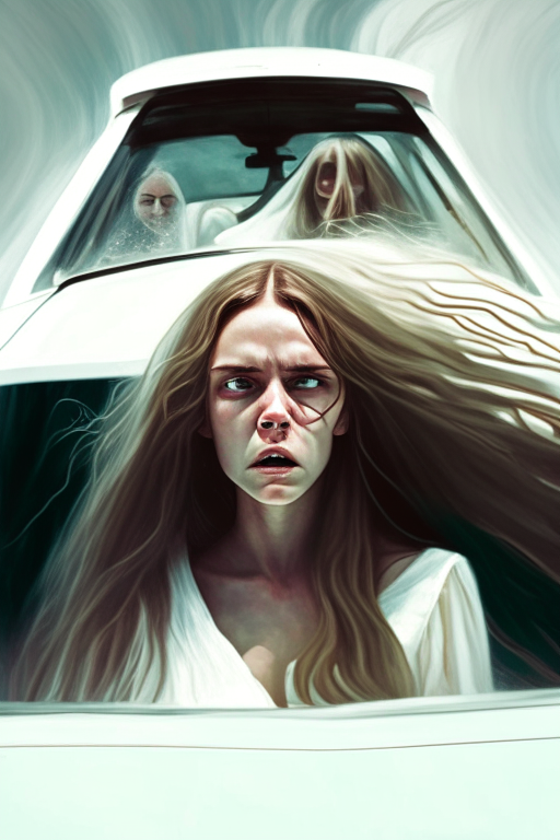 Front view of a car from the windshield with a man driving and behind a girl with long hair, in a white dress, with a disturbing face