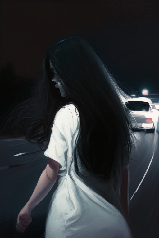 Car accident, at night, on a curve looking at the accident a girl from behind, with long dark hair, dressed in white