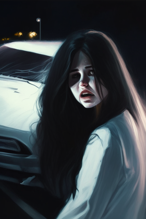 Close-up accident of a car, at night, on a curve looking at the accident a girl from behind, with long dark hair, dressed in white