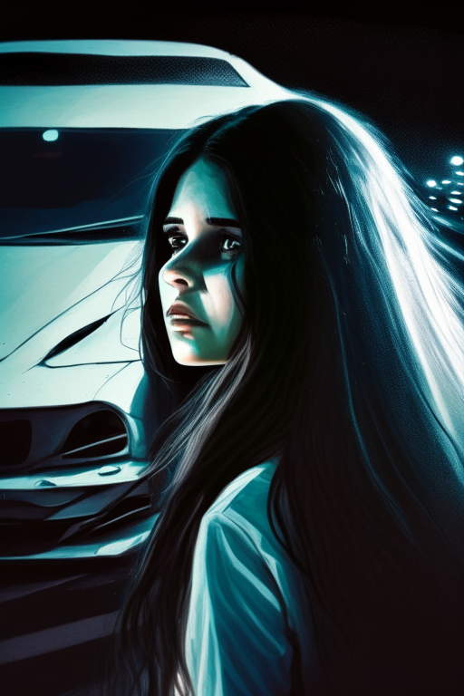 
Close-up accident of a car, at night, on a curve looking at the accident, isolated in the background, a girl from behind, with long dark hair, dressed in white