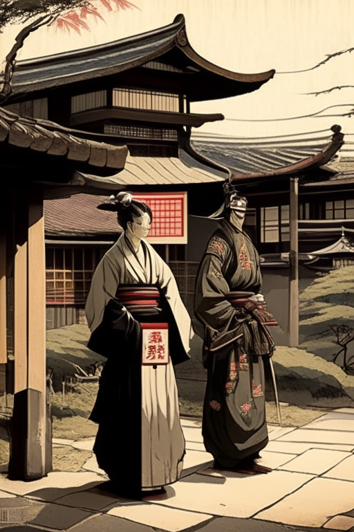 A samurai and a woman in typical Japanese attire in a Japanese square with typical Japanese houses