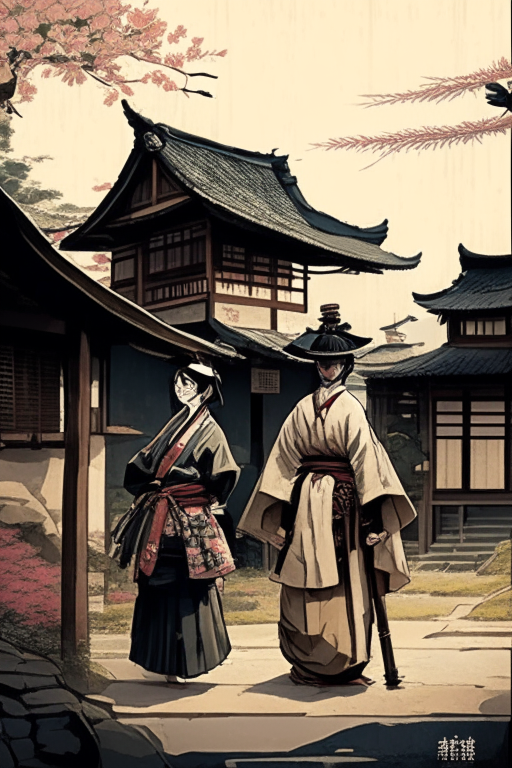 A samurai and a woman in typical Japanese attire in a Japanese square with typical Japanese houses