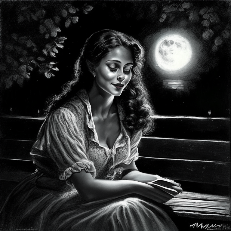 Miriam had a subtle cryptic smile, a countenance she sometimes bore. Its sexual charm complemented her virtue. As she sat on the bench under the moonlight, she appeared to be bribing someone with a wonderful secret, which she perpetually hinted and verged on revealing. She evinced an educated mind, free from neurosis or self-importance. This won her esteem and success, as a twenty-seven-year-old woman in the modeling industry. She had an oval face and high cheekbones, and her blond hair in a bun. 