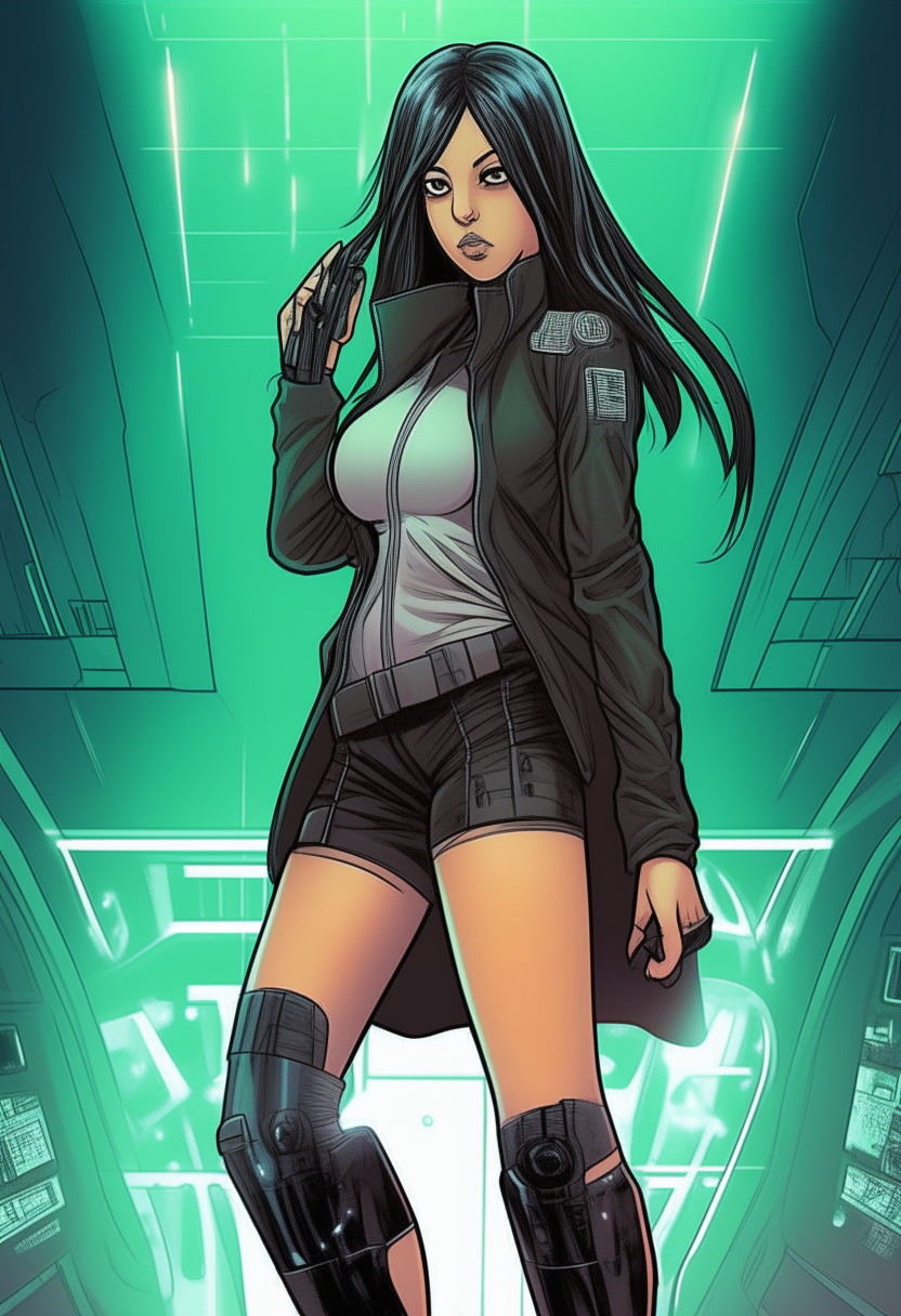 Aubrey Plaza depicted as a futuristic cyberpunk detective in manga style, long brunette hair, knee high boots, short shorts, holding a plasma pistol, illustration by artist Mirasume Shinrow