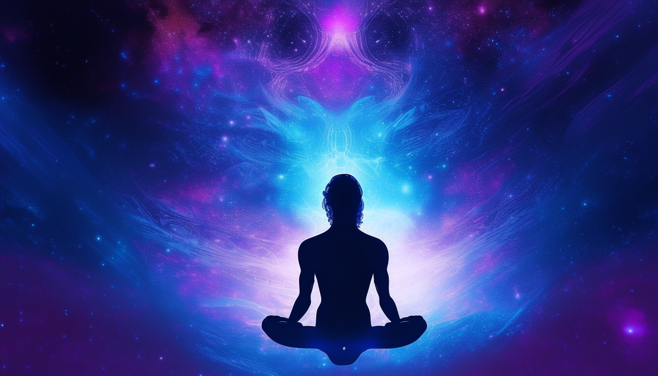 A breathtakingly beautiful cosmic nebula inside the silhouette of a meditating person floating in space, depicting the cosmos and human consciousness as one unified entity. Digital art painting with vivid purples, blues and cosmic light in a reflective and enlightened style.