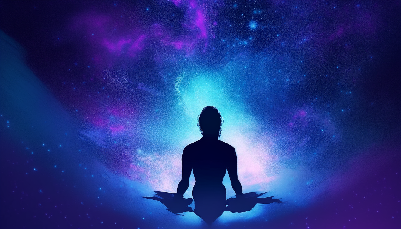 A breathtakingly beautiful cosmic nebula inside the silhouette of a person standing while deep in thought, depicting the cosmos and human consciousness as one unified entity. Digital art painting with vivid purples, blues and cosmic light in a reflective and enlightened style.