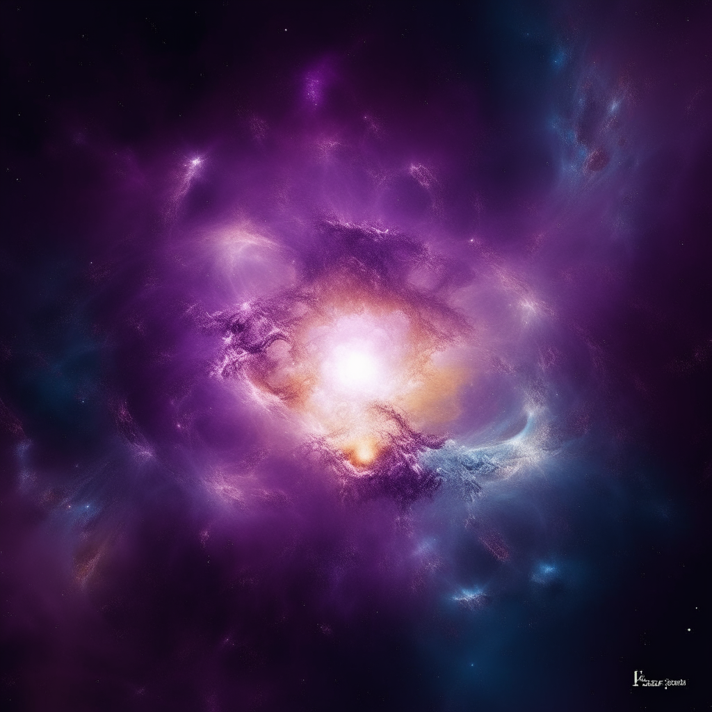Una nebulosa cosmica di una bellezza mozzafiato all'interno della sagoma di una persona in piedi mentre è immersa nei suoi pensieri, raffigurando il cosmo e la coscienza umana come un'unica entità unificata. Pittura d'arte digitale con vivide luci viola, blu e cosmica in uno stile riflessivo e illuminato.