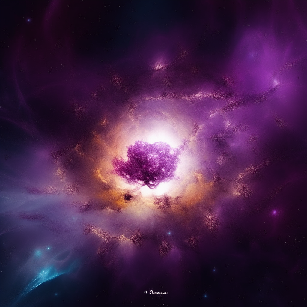 Una nebulosa cosmica di una bellezza mozzafiato all'interno della sagoma di una persona in piedi mentre è immersa nei suoi pensieri, raffigurando il cosmo e la coscienza umana come un'unica entità unificata. Pittura d'arte digitale con vivide luci viola, blu e cosmica in uno stile riflessivo e illuminato.