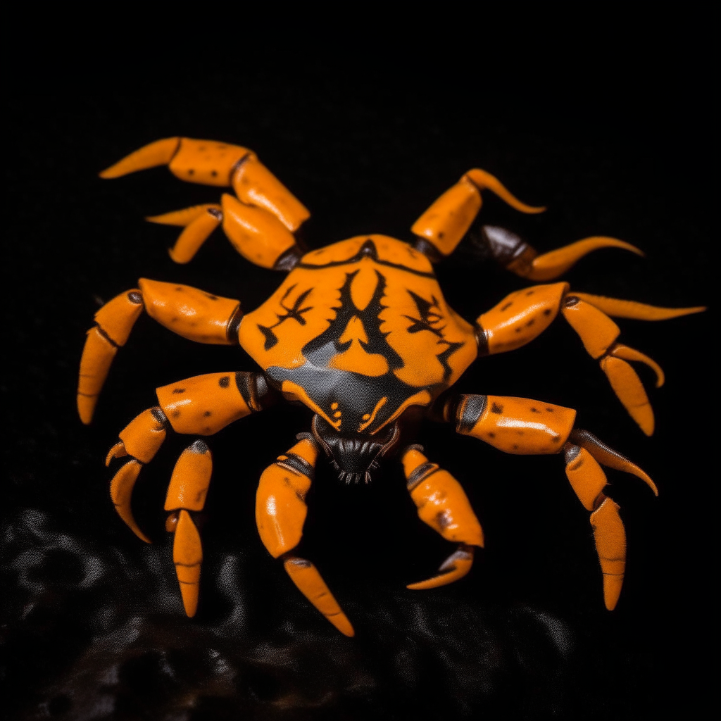 A large orange scorpion with its claws up inside a yellow five pointed star on a black background