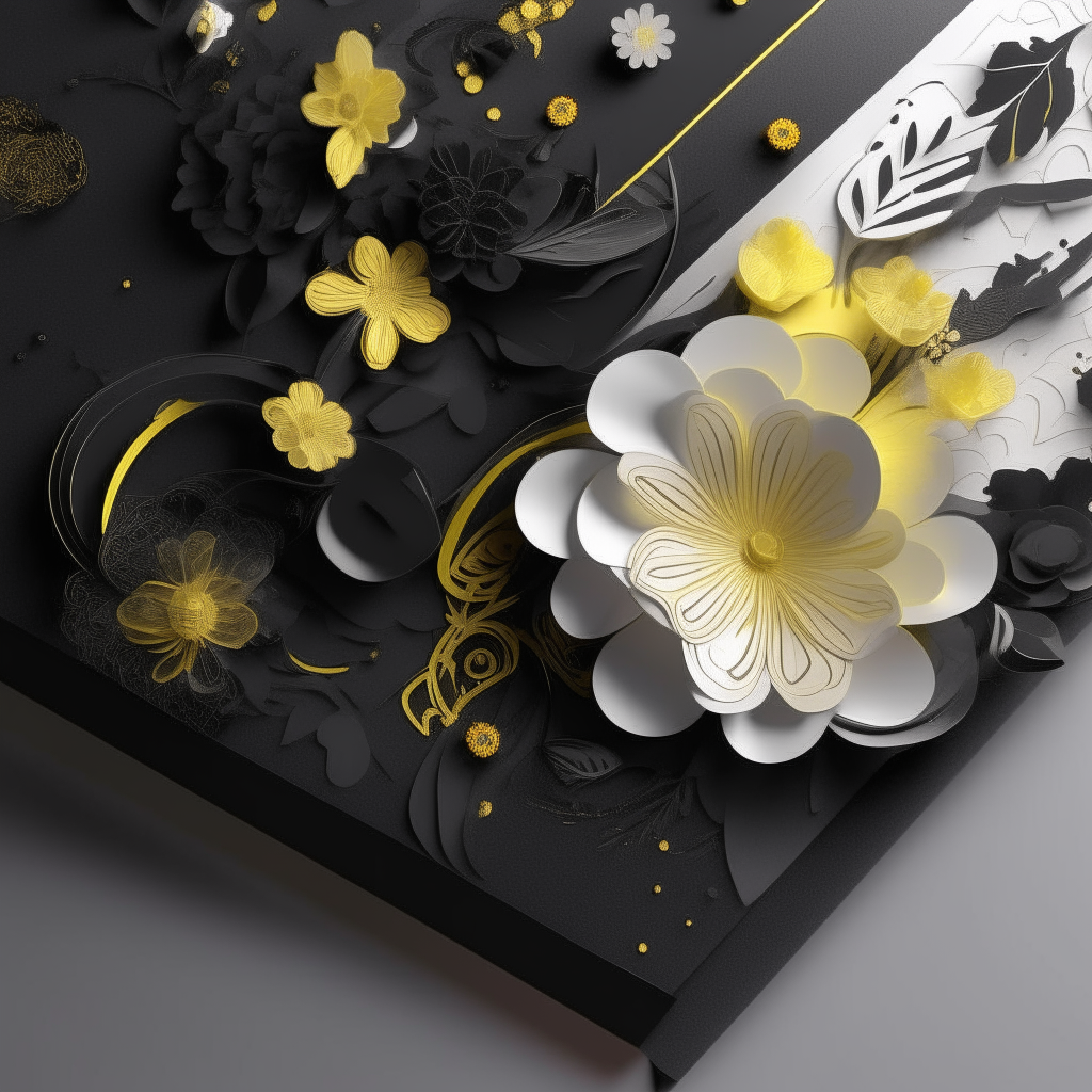 wedding invitations, long 3d black royale design, white, black, yellow flowers uses and classic aesthetic. , high detail , 4k”