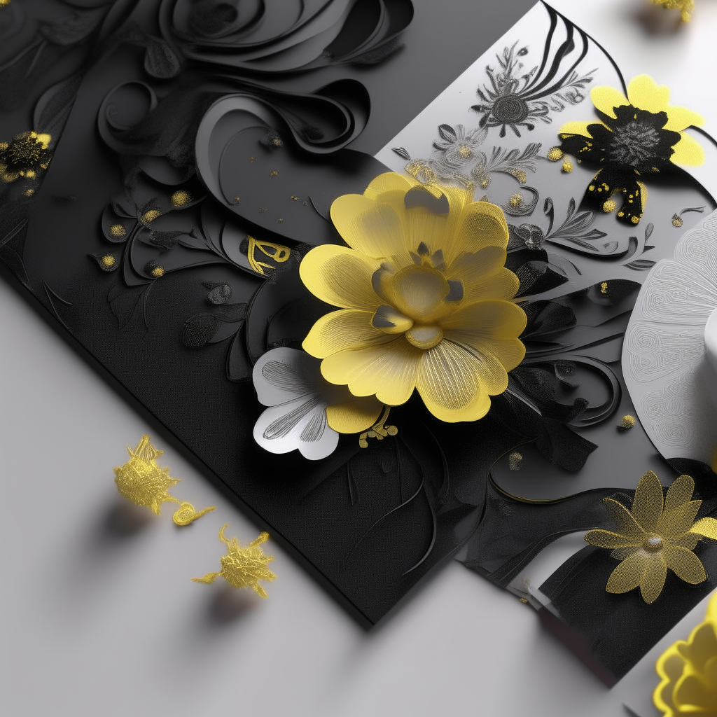 wedding invitations, long 3d black royale design, white, black, yellow flowers uses and classic aesthetic. , high detail , 4k”